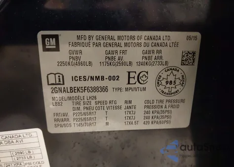 2015 Chevrolet Equinox 1Lt from USA, damaged, VIN 2GNALBEK5F6388366